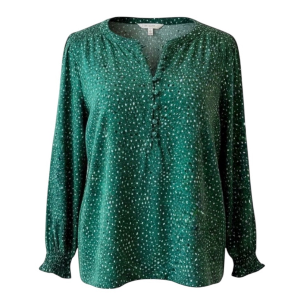 J. Jill Green Button Front Blouse Smocked Cuffs Long Sleeve Dot Print Women’s M